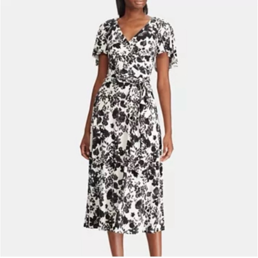 Lauren Ralph Lauren Midi Dress Floral Black and White Elegant Feminine  Sz 16